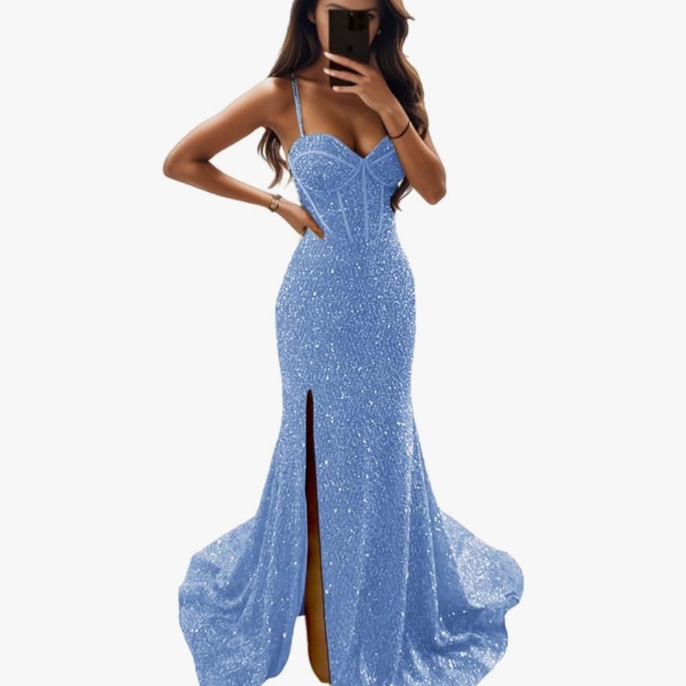 💙 Sparkle in Style – Light Blue Sequin Evening Gown with Slit